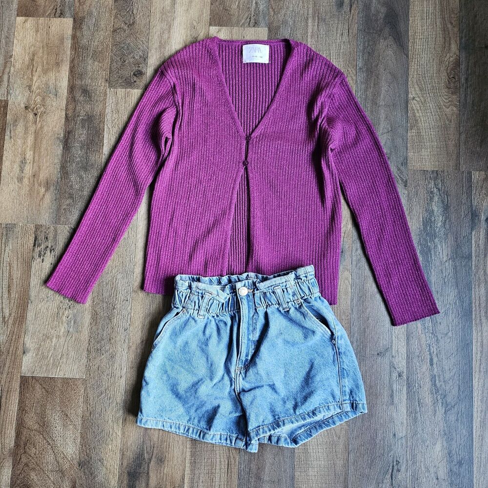 Zara Metallic Purple Ribbed Cardigan Mango Denim Paperbag Shorts Set Girls 11